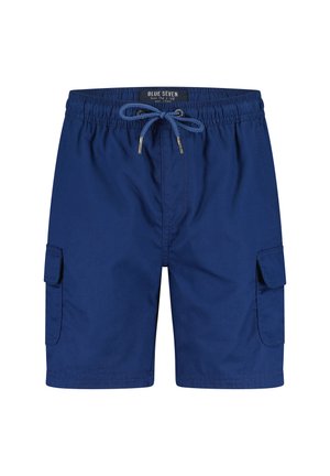 Niebieskie szorty cargo wykonane z lekkiego materiału, z talią na sznurek, dwoma bocznymi kieszeniami i jednolitym granatowym kolorem.