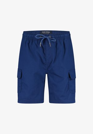Shorts cargo bleus en tissu léger, avec une taille à cordon, deux poches latérales et une couleur unie bleu marine.