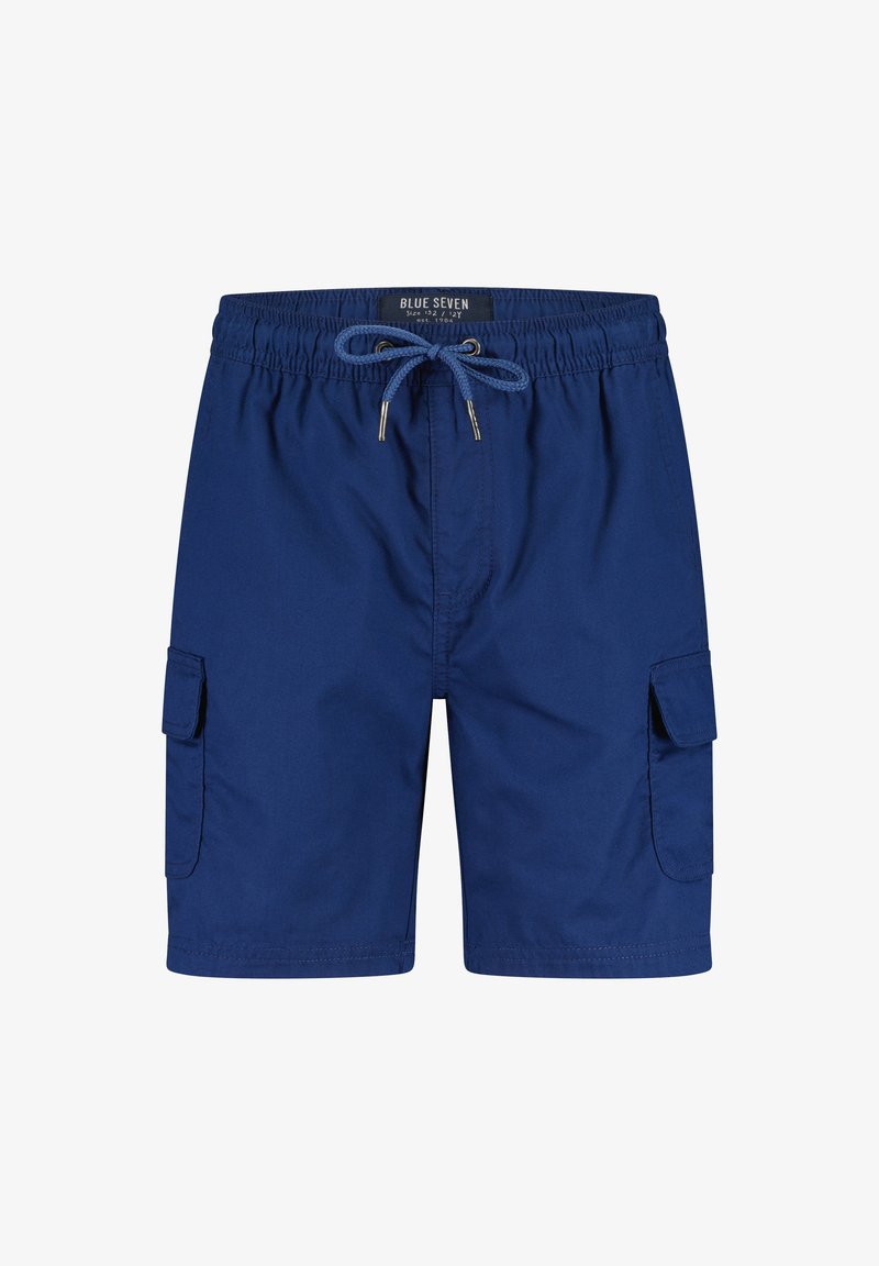 Shorts cargo bleus en tissu léger, avec une taille à cordon, deux poches latérales et une couleur unie bleu marine.