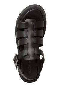 Black leather sandal featuring multiple strap design, adjustable buckle, and a textured sole. Smooth upper with rounded toe.