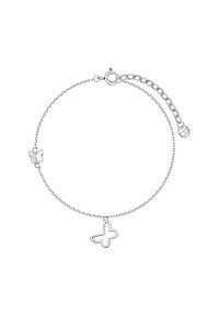 Srebrna bransoletka z dwoma zawieszkami w kształcie motyli, posiadająca cienki łańcuszek i zapięcie typu lobster. Delikatny design z gładkimi, wypolerowanymi powierzchniami.