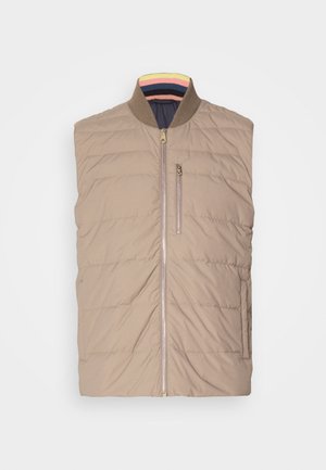 Beige padded sleeveless vest with a zip front, ribbed collar featuring pink, yellow, and blue stripes, and one zippered chest pocket.