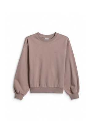 Kremowa bluza z długim rękawem i okrągłym dekoltem, ze ściągaczami na mankietach i dole, lekko bufiaste rękawy oraz subtelne haftowane logo na piersi.