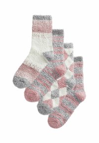 Set di quattro calzini con diversi motivi in bianco, rosa e grigio. I materiali sembrano morbidi e soffici, con design a coste e geometrici.
