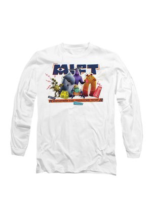 Long-sleeve white T-shirt featuring colorful cartoon monsters from "Monsters Inc." with bold text and graphic elements on the front.