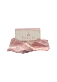 Pure silk hairband in soft pink, featuring a smooth texture and embroidered floral accent. Comes in a pink box with branding details.