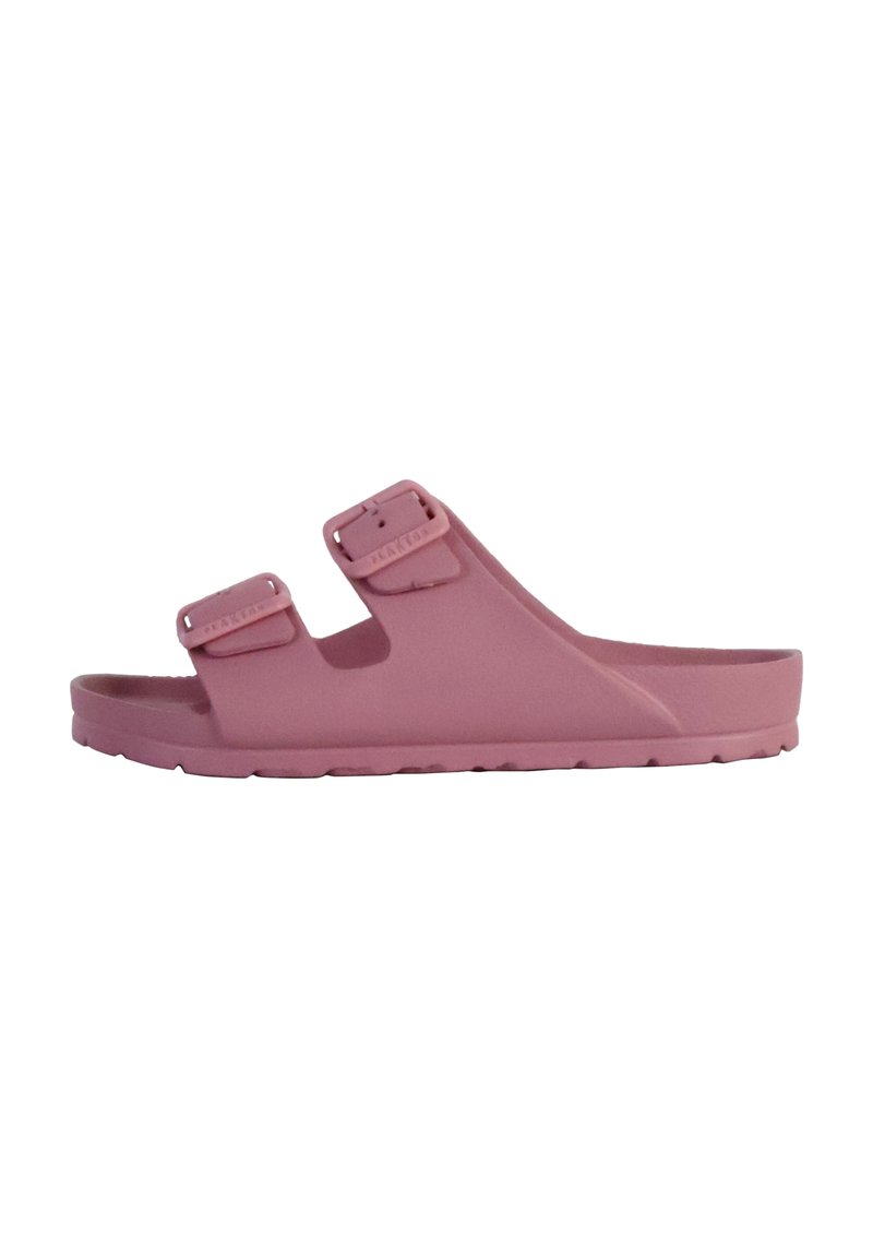 Pink slide sandal made of rubber with two adjustable straps. Features a textured surface and a contoured footbed for comfort.