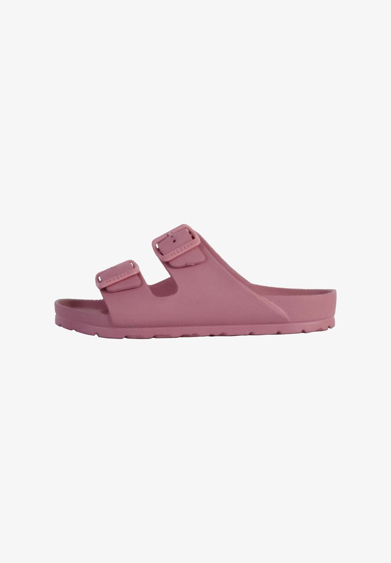 Pink slide sandal made of rubber with two adjustable straps. Features a textured surface and a contoured footbed for comfort.
