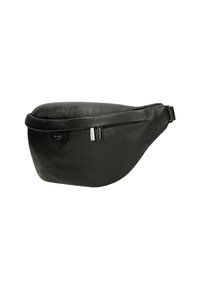 Marsupio in pelle nera con texture liscia, forma arrotondata, chiusura con zip e toppe con logo sui lati. Design compatto e semplice.