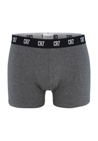 Šedé bavlněné boxerky s černým elastickým páskem zdobeným bílým logem "CR7". Hladká textura a přiléhavý střih pro pohodlí.
