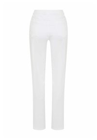 Witte rechte broek van katoen met een gladde textuur. Beschikt over twee achterzakken en een schone tailleband zonder versieringen.