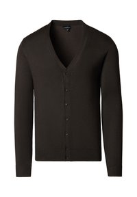 Brązowy kardigan z dekoltem w serek, długimi rękawami i zapięciem na guziki z przodu. Wykonany z miękkiego materiału, z prążkowanymi mankietami i krawędzią.