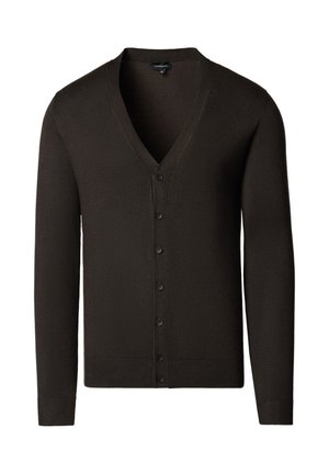 Brązowy kardigan z dekoltem w serek, długimi rękawami i zapięciem na guziki z przodu. Wykonany z miękkiego materiału, z prążkowanymi mankietami i krawędzią.