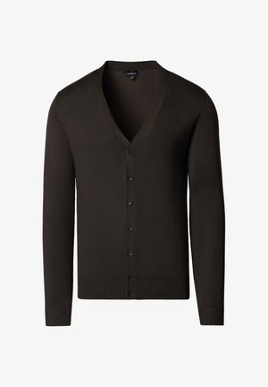 Brązowy kardigan z dekoltem w serek, długimi rękawami i zapięciem na guziki z przodu. Wykonany z miękkiego materiału, z prążkowanymi mankietami i krawędzią.