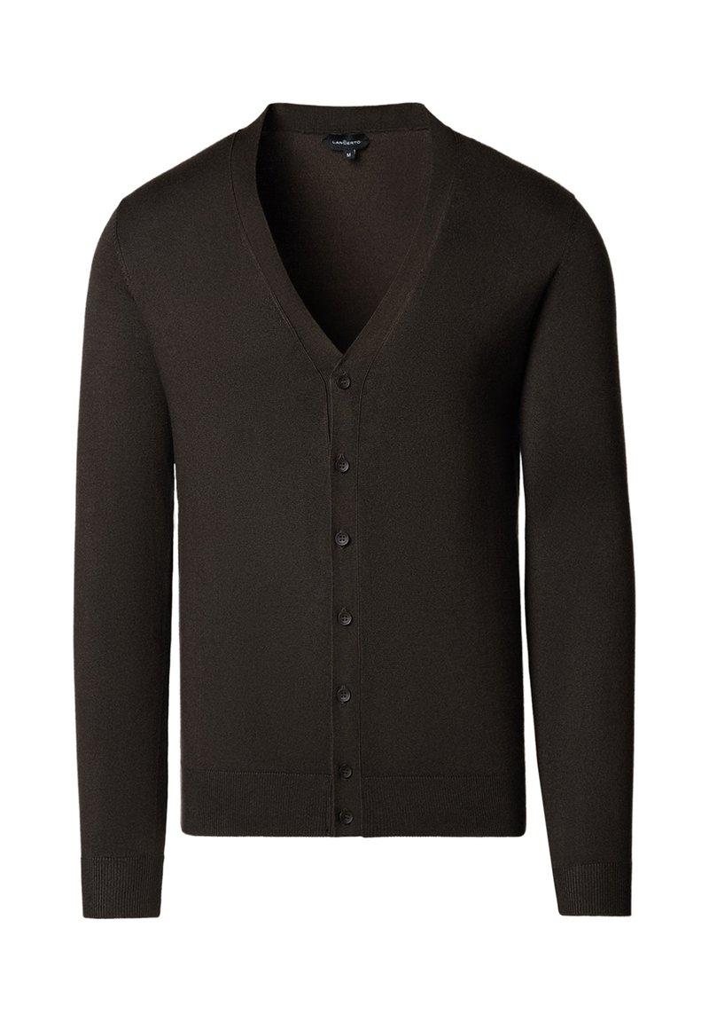 Brązowy kardigan z dekoltem w serek, długimi rękawami i zapięciem na guziki z przodu. Wykonany z miękkiego materiału, z prążkowanymi mankietami i krawędzią.