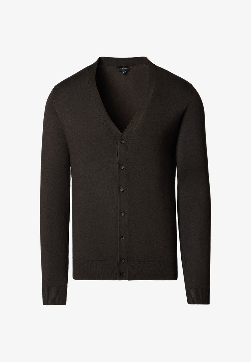 Brązowy kardigan z dekoltem w serek, długimi rękawami i zapięciem na guziki z przodu. Wykonany z miękkiego materiału, z prążkowanymi mankietami i krawędzią.