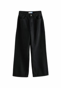 Pantalons en denim larges noirs avec une fermeture à bouton, cinq poches et une texture lisse et propre. Reste sans embellissements ni motifs.
