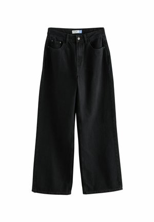 Schwarze, weit geschnittene Denim-Hosen mit Knopfverschluss, fünf Taschen und einer klaren, glatten Textur. Unverziert, ohne Muster.