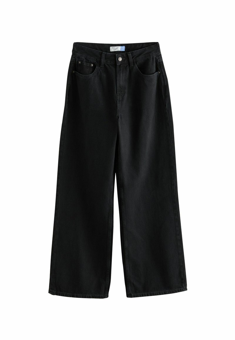 Pantalons en denim larges noirs avec une fermeture à bouton, cinq poches et une texture lisse et propre. Reste sans embellissements ni motifs.