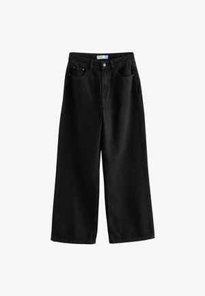 Svarta jeans med vida ben och hög midja, utrustade med knapp- och dragkedjesstängning, fem fickor och en lätt blekt yta.