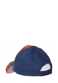 Cappellino blu navy con una parte frontale multicolore caratterizzata da una grafica in stile fumetto, visiera curva e cinturino posteriore regolabile. Tessuto in cotone.