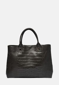 Zwarte leren tote bag met een krokodillenhuidtextuur, voorzien van twee handvatten en goudkleurige klinknageldetails aan de zijkanten.