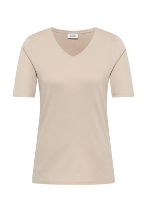 Béžové tričko s krátkým rukávem a výstřihem do V, hladké textury a malou textilní štítkem uvnitř límce.