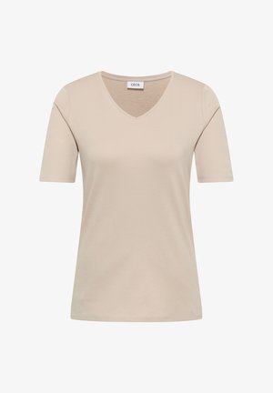 Beige T-shirt met korte mouwen en V-hals, met een gladde textuur en een klein stoffen label aan de binnenkant van de halslijn.