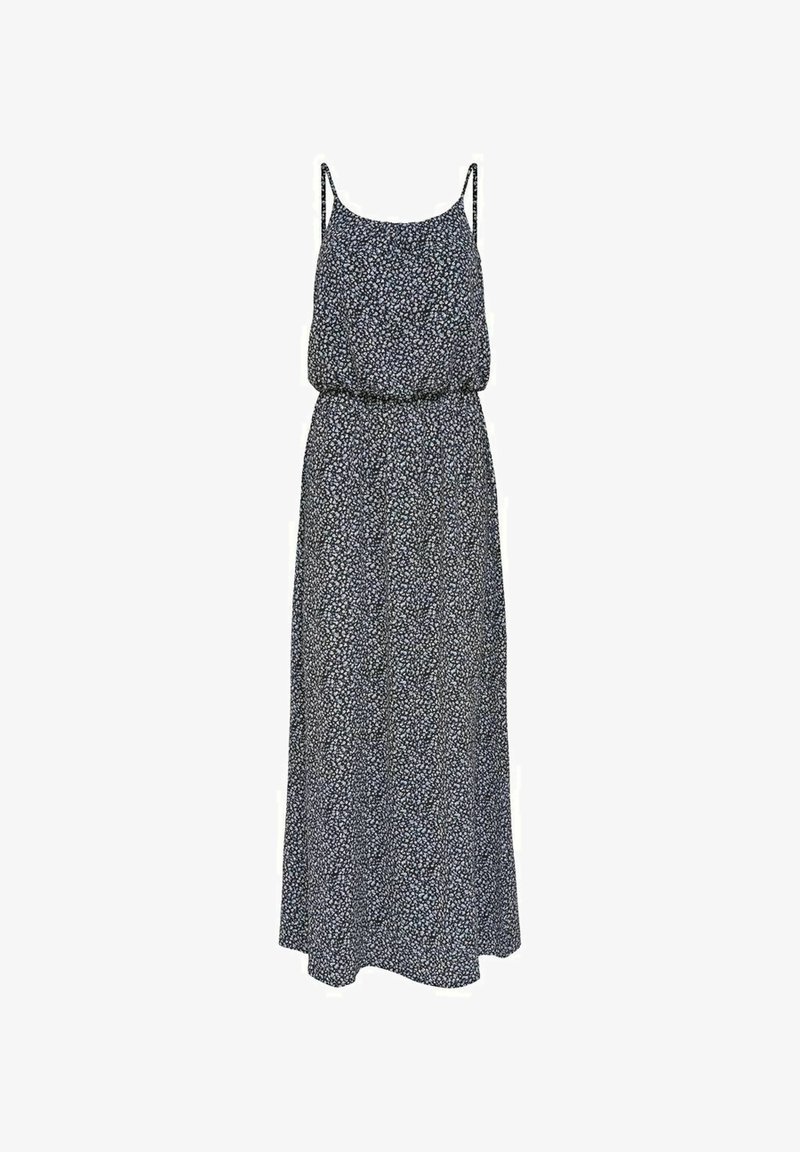 Robe longue bleu marine sans manches avec fines bretelles et imprimé floral blanc, avec un corsage bouffant et une taille cintrée.
