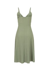 Robe midi sans manches vert clair avec fines bretelles et corsage ajusté, en tissu texturé avec une légère évasement à la jupe.