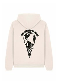 Felpa con cappuccio color crema chiaro che presenta una grafica nera di un globo che si scioglie su un cono, con il testo "IL MONDO È NOSTRO" sopra.