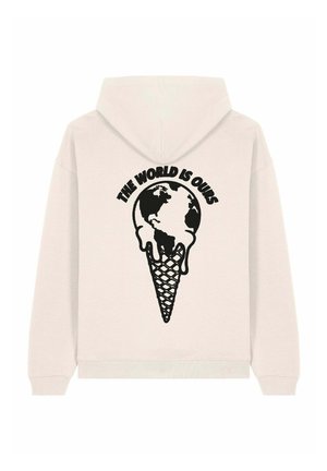 Felpa con cappuccio color crema chiaro che presenta una grafica nera di un globo che si scioglie su un cono, con il testo "IL MONDO È NOSTRO" sopra.