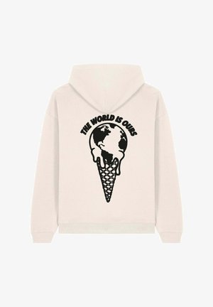 Felpa con cappuccio color crema chiaro che presenta una grafica nera di un globo che si scioglie su un cono, con il testo "IL MONDO È NOSTRO" sopra.