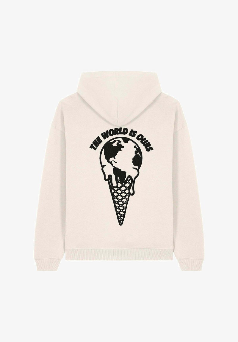 Felpa con cappuccio color crema chiaro che presenta una grafica nera di un globo che si scioglie su un cono, con il testo "IL MONDO È NOSTRO" sopra.
