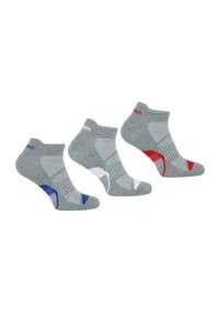 Chaussettes ankle grises avec des accents bleus, rouges et blancs. Le design comprend des zones texturées et un logo sur le bord.