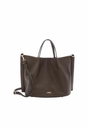 Sac cabas en cuir marron avec extérieur texturé, double poignée et bandoulière amovible. Présente un logo doré à l'avant.