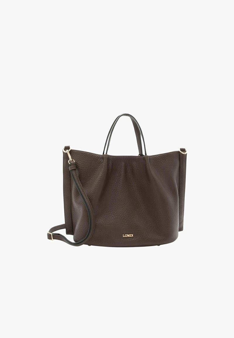 Borsa tote in pelle marrone con esterno testurizzato, doppi manici e tracolla removibile. Presenta un logo dorato sulla parte anteriore.