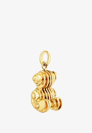 Colgante en forma de oso en tono dorado con diseño acanalado y acentos lisos, equipado con un lazo para sujetar y acabado brillante.