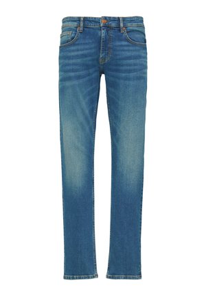 Jean en denim bleu avec une coupe droite, un léger délavage, cinq poches et une fermeture à bouton à la taille. Détails de surpiqûres classiques.