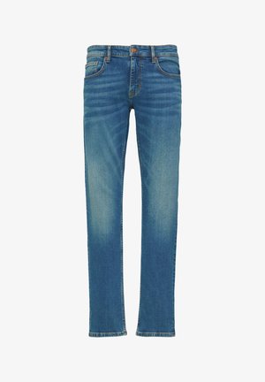 Sinine teksapüksid sirge sääre disainiga, kerge pleekimisega, viie taskuga ja nööbiga kinnitusega vööl. Klassikalised õmblused.