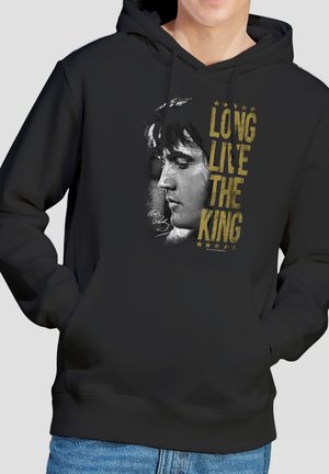 Black hoodie featuring a side profile sketch of Elvis Presley and gold text reading "LONG LIVE THE KING" with stars above and below.