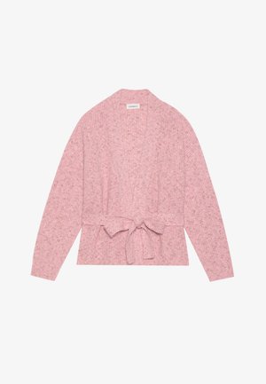 Lichtroze gebreide cardigan met een geribbelde textuur, een open ontwerp, lange mouwen en een tailleband voor sluiting.