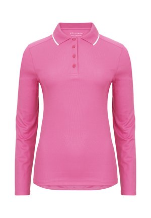 Langærmet polo-shirt i lys pink med krave, fem-knaps placket og hvid kontrast. Fremstillet af blødt, letvægtsstof.