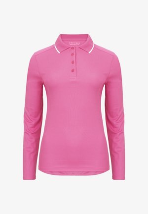 Langärmliges Poloshirt in leuchtendem Pink mit Kragen, fünfknöpfiger Knopfleiste und weißen Akzenten. Hergestellt aus glattem, leichtem Stoff.