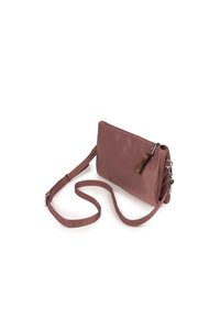 Pink nylon crossbody bag with a zippered closure, adjustable strap, and a small leather accent. Smooth texture with minimalistic design.