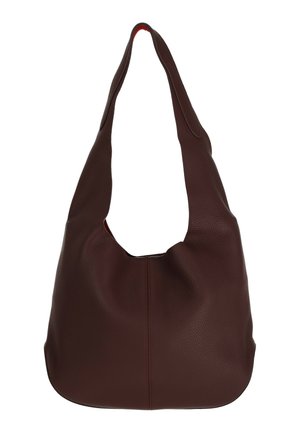 Donkerbruine leren schoudertas met een enkele brede band en een eenvoudig, onopgesmukt ontwerp, met een korrelige textuur.