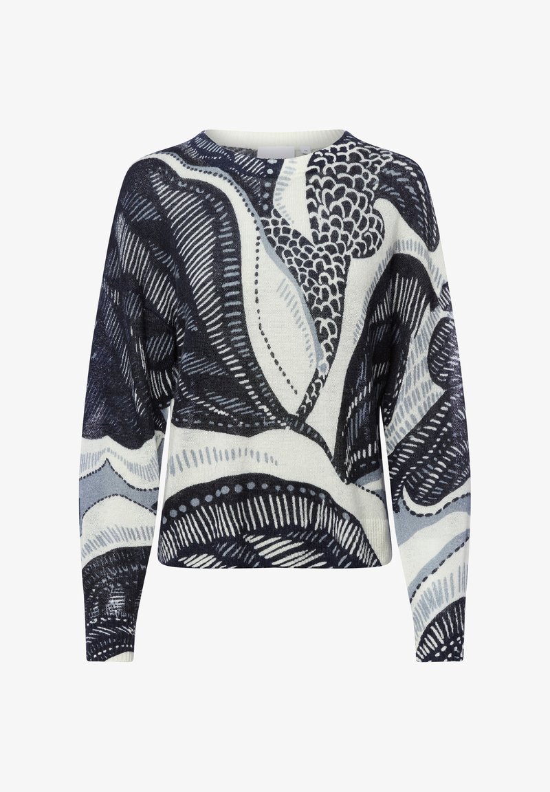 Gehaakt lange mouwen trui met abstracte zwart-witte en grijze bloemen- en golfpatronen, ronde halslijn en geribbelde manchet- en onderrand.