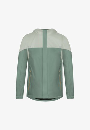 Leichte Outdoor-Jacke in gedämpftem Grün, ausgestattet mit Kapuze, Reißverschlusstaschen und kontrastierenden, helleren Schulterpaneelen. Glatte Textur.