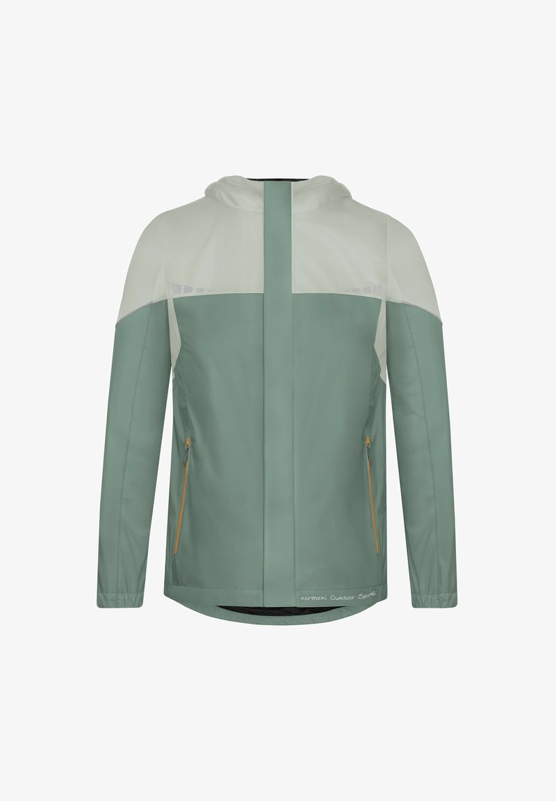 Leichte Outdoor-Jacke in gedämpftem Grün, ausgestattet mit Kapuze, Reißverschlusstaschen und kontrastierenden, helleren Schulterpaneelen. Glatte Textur.