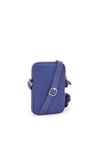 Borsa a tracolla in tessuto viola con chiusura a zip, tracolla regolabile e un soffice pom-pom come dettaglio. Forma rettangolare, design leggero.